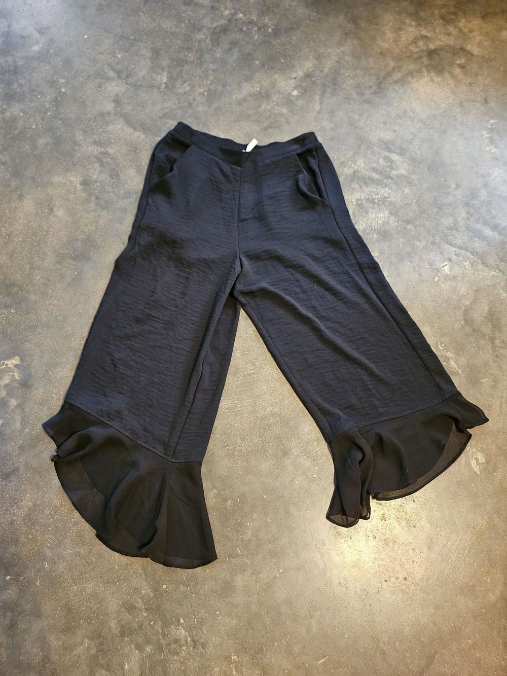 BCBGeneration Black Polyester Wide-Leg Ruffle Sheer -Hem Trousers XS